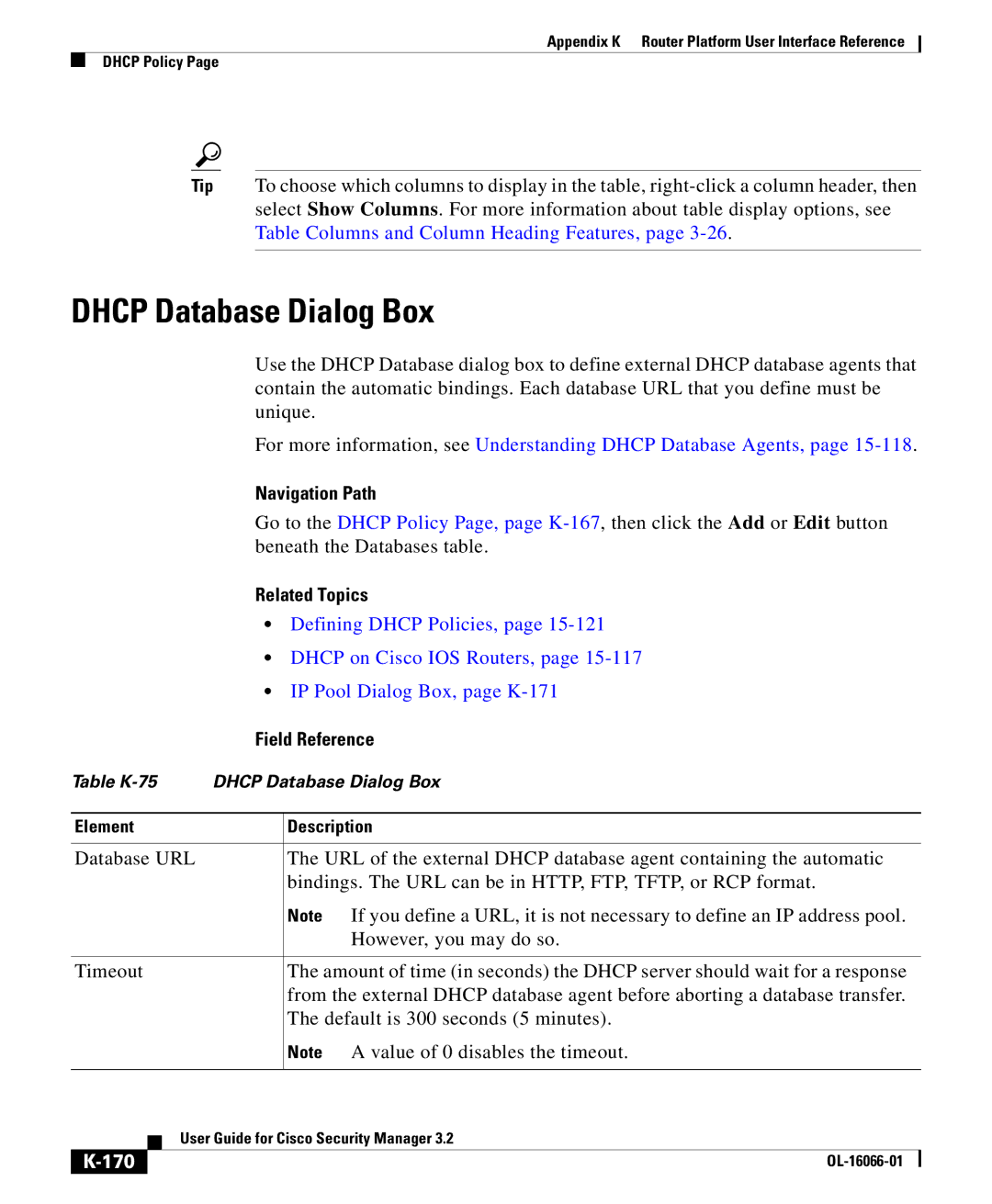 Cisco Systems OL-16066-01 appendix Dhcp Database Dialog Box, Defining Dhcp Policies, IP Pool Dialog Box, page K-171, 170 