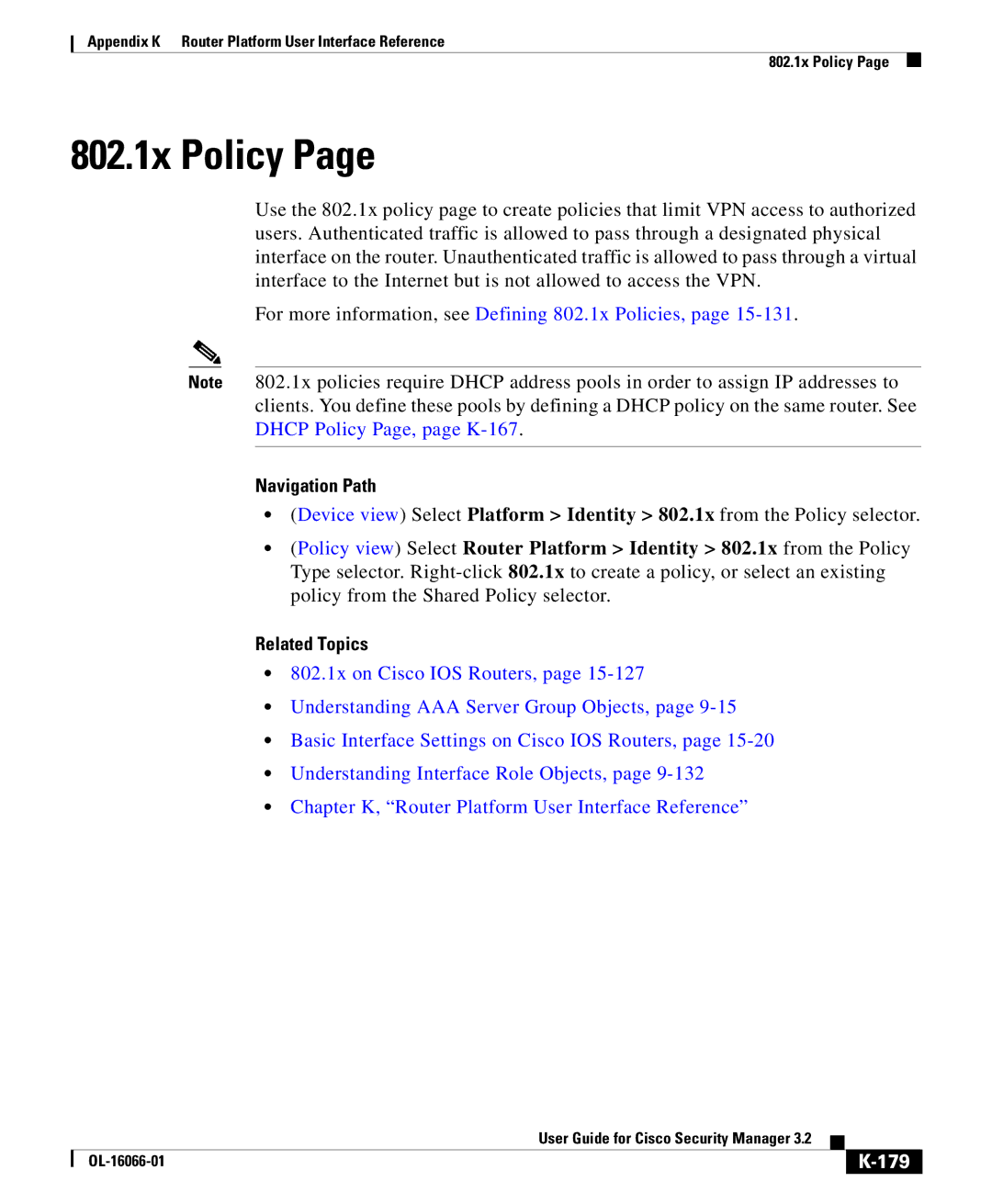 Cisco Systems OL-16066-01 appendix 802.1x Policy, For more information, see Defining 802.1x Policies, 179 