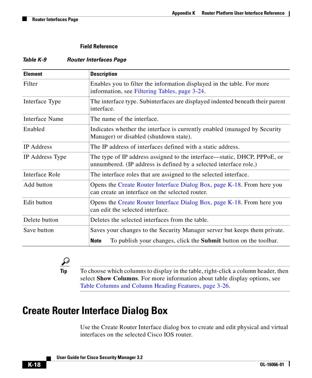 Cisco Systems OL-16066-01 appendix Create Router Interface Dialog Box, Table Columns and Column Heading Features 