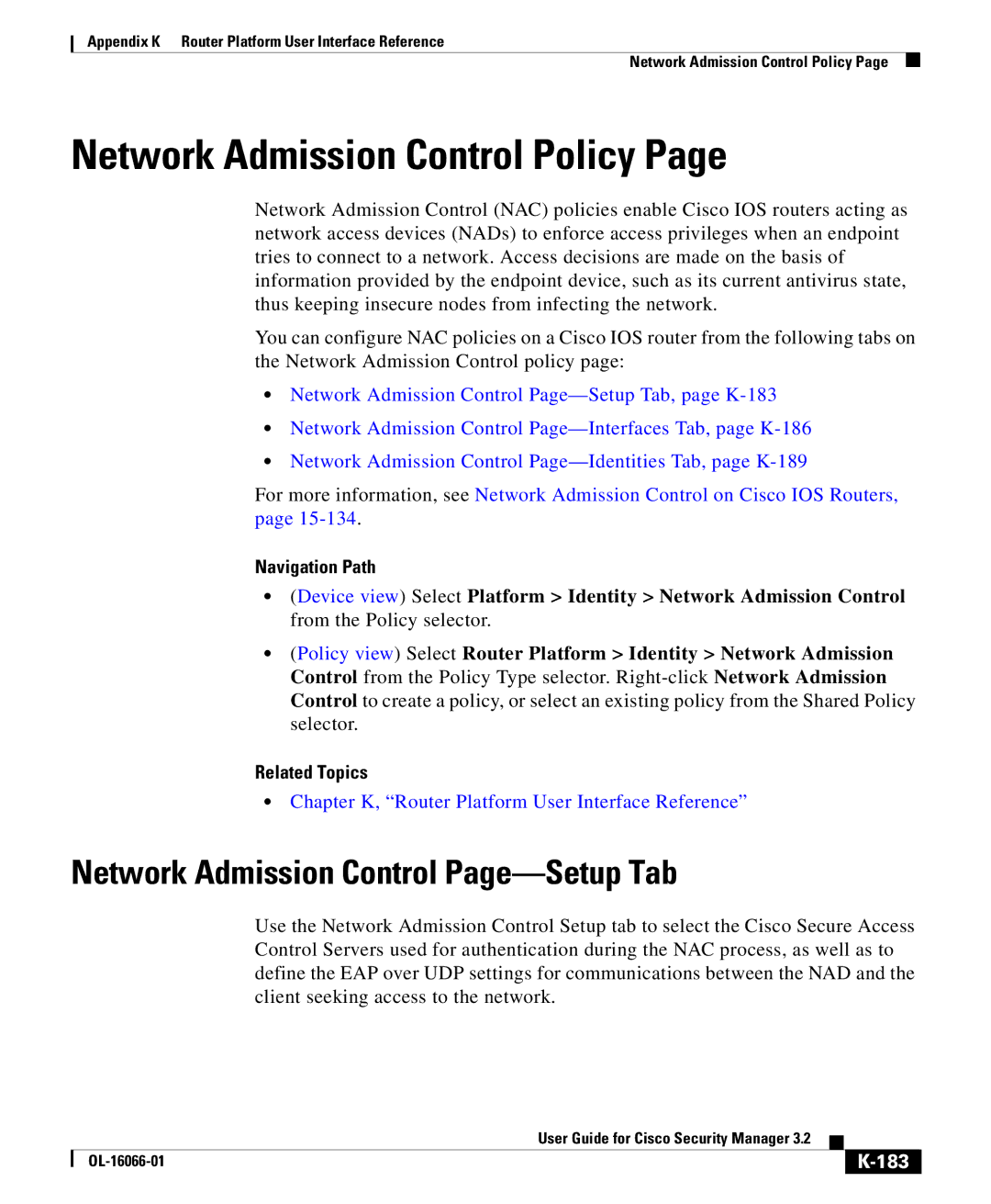 Cisco Systems OL-16066-01 appendix Network Admission Control Policy, Network Admission Control Page-Setup Tab, 183 