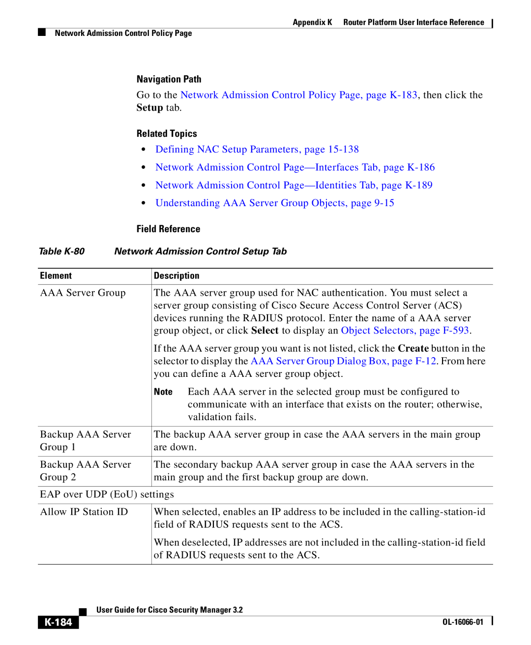 Cisco Systems OL-16066-01 appendix Defining NAC Setup Parameters, 184 