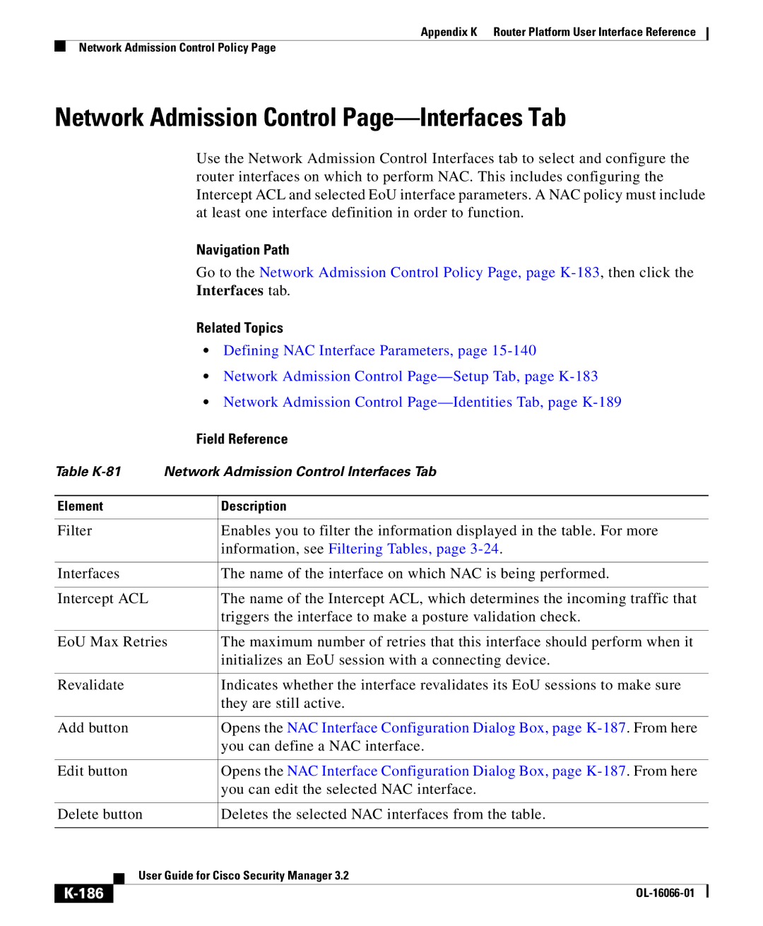 Cisco Systems OL-16066-01 appendix Network Admission Control Page-Interfaces Tab, Defining NAC Interface Parameters, 186 