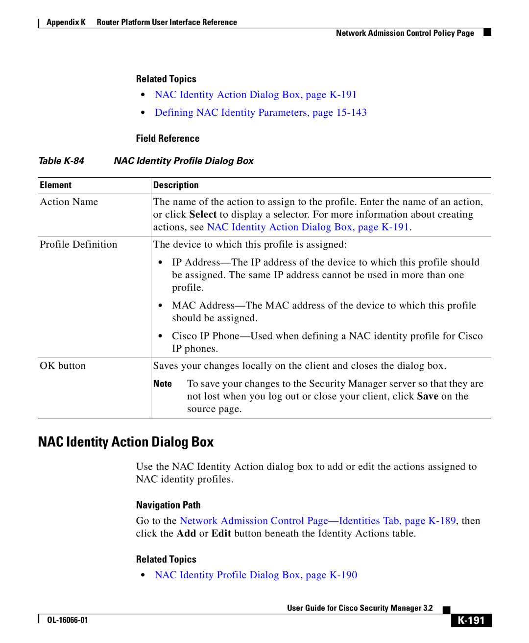 Cisco Systems OL-16066-01 NAC Identity Action Dialog Box, page K-191, NAC Identity Profile Dialog Box, page K-190 