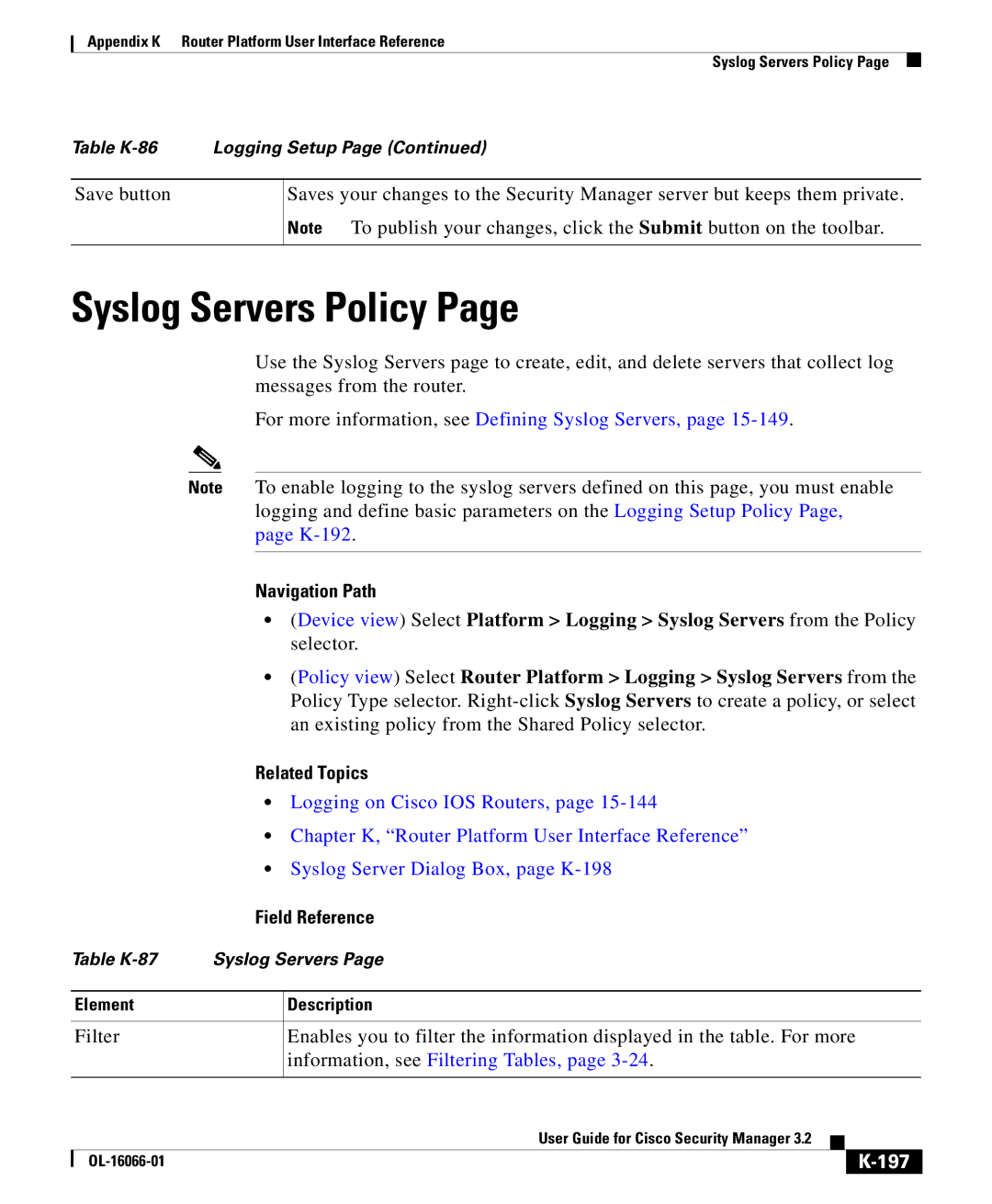 Cisco Systems OL-16066-01 appendix Syslog Servers Policy, For more information, see Defining Syslog Servers, 197 