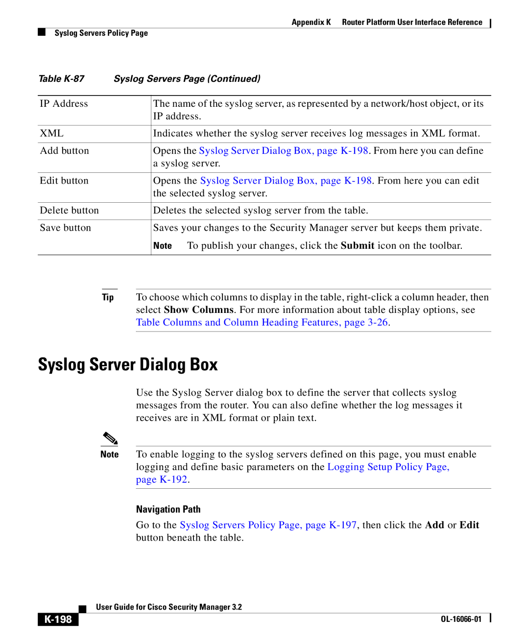 Cisco Systems OL-16066-01 appendix Syslog Server Dialog Box, Xml, 198 