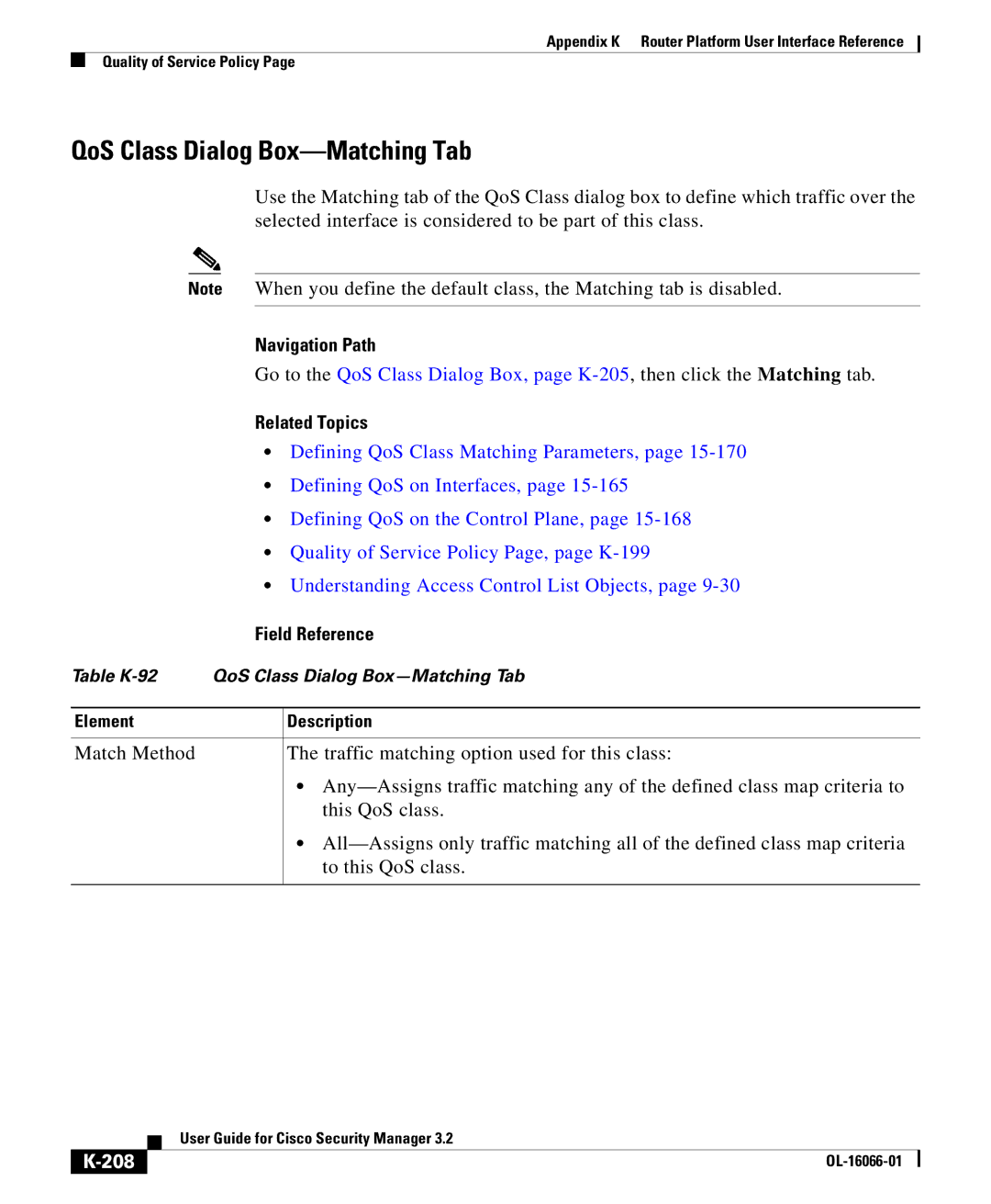 Cisco Systems OL-16066-01 appendix QoS Class Dialog Box-Matching Tab, 208 