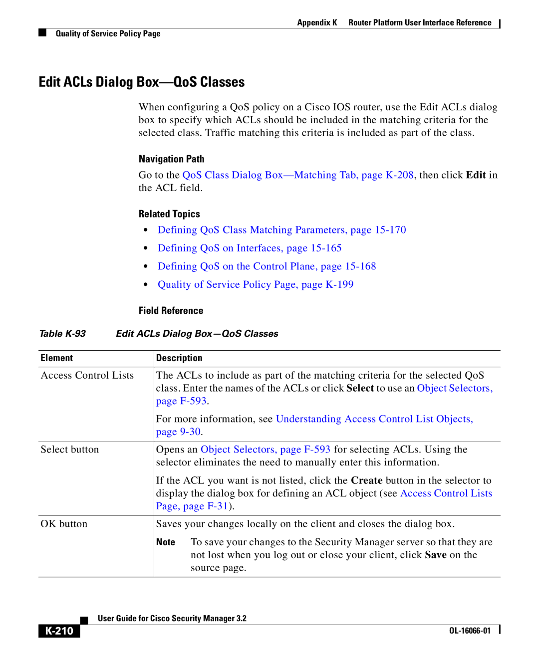 Cisco Systems OL-16066-01 appendix Edit ACLs Dialog Box-QoS Classes, Defining QoS Class Matching Parameters, 210 