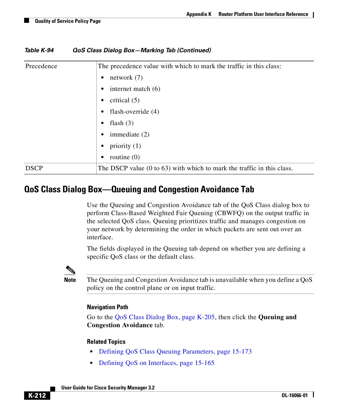 Cisco Systems OL-16066-01 appendix QoS Class Dialog Box-Queuing and Congestion Avoidance Tab, 212 