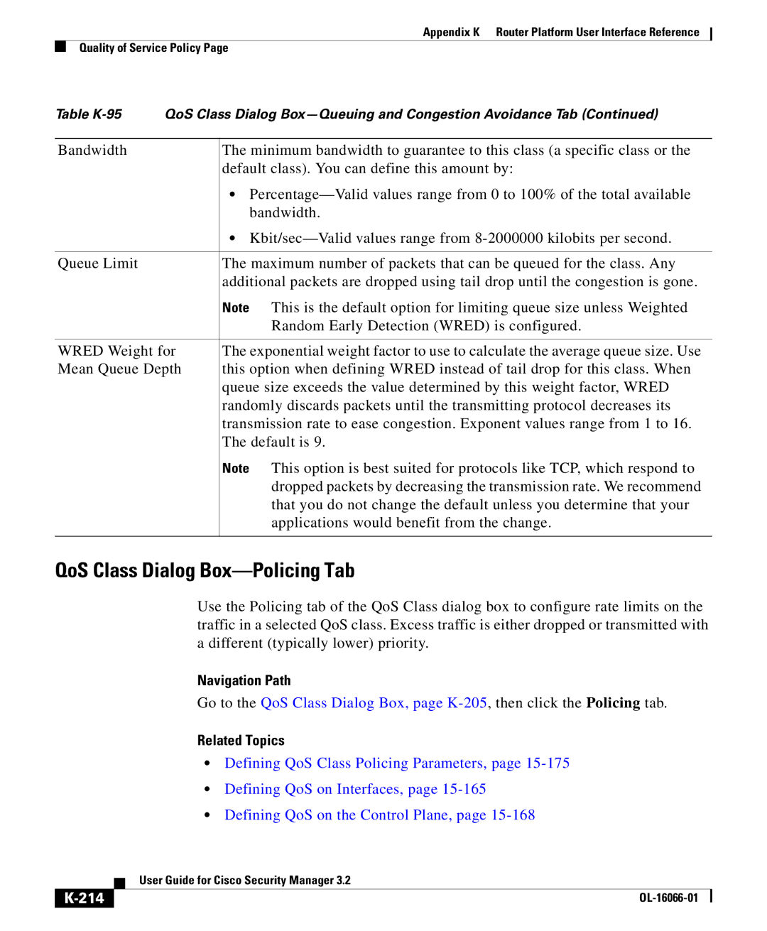 Cisco Systems OL-16066-01 appendix QoS Class Dialog Box-Policing Tab, 214 