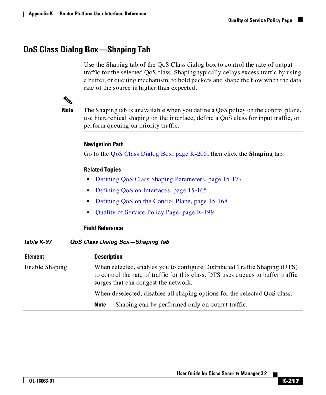 Cisco Systems OL-16066-01 appendix QoS Class Dialog Box-Shaping Tab, 217 