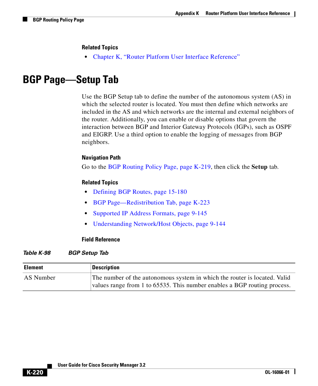 Cisco Systems OL-16066-01 appendix BGP Page-Setup Tab, Defining BGP Routes, Supported IP Address Formats, 220 