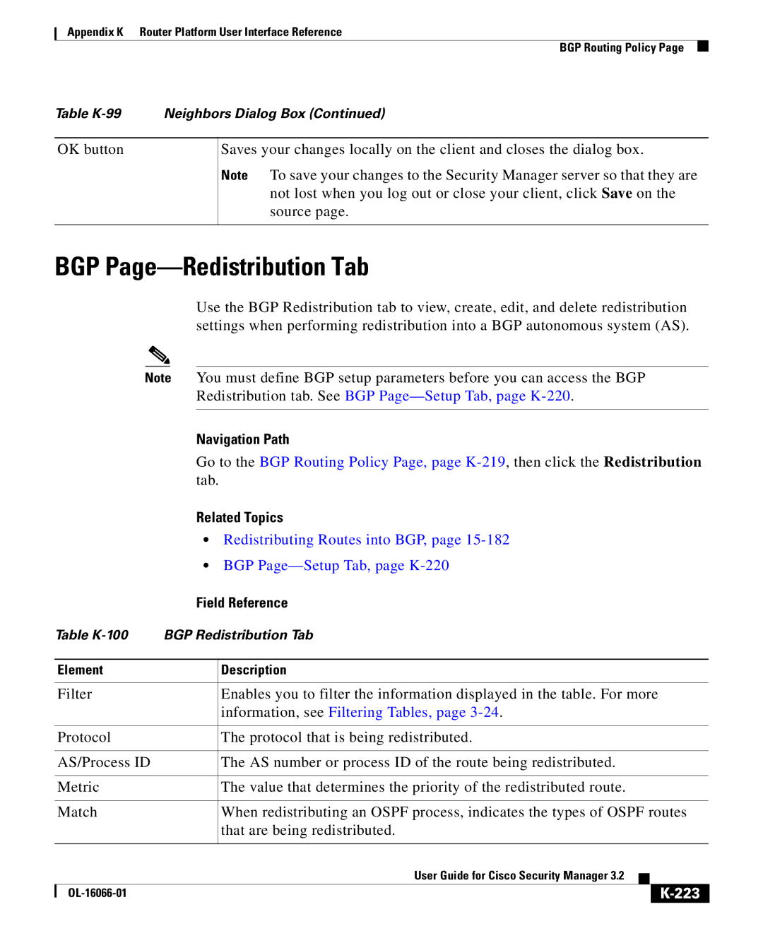 Cisco Systems OL-16066-01 BGP Page-Redistribution Tab, Redistributing Routes into BGP, BGP Page-Setup Tab, page K-220, 223 