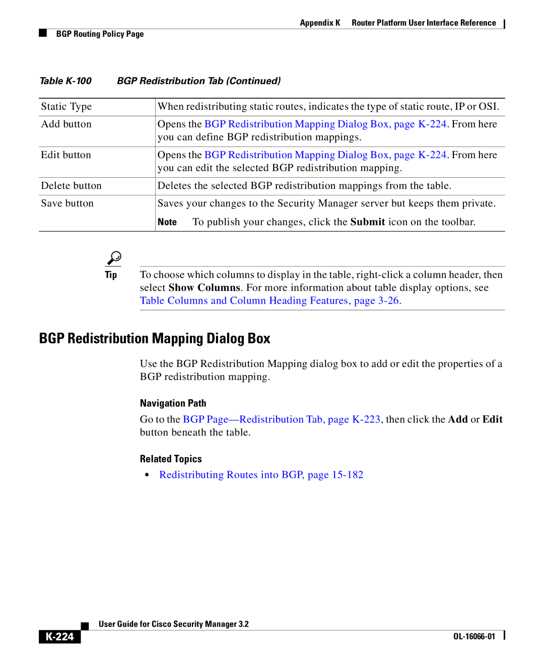 Cisco Systems OL-16066-01 appendix BGP Redistribution Mapping Dialog Box, 224 