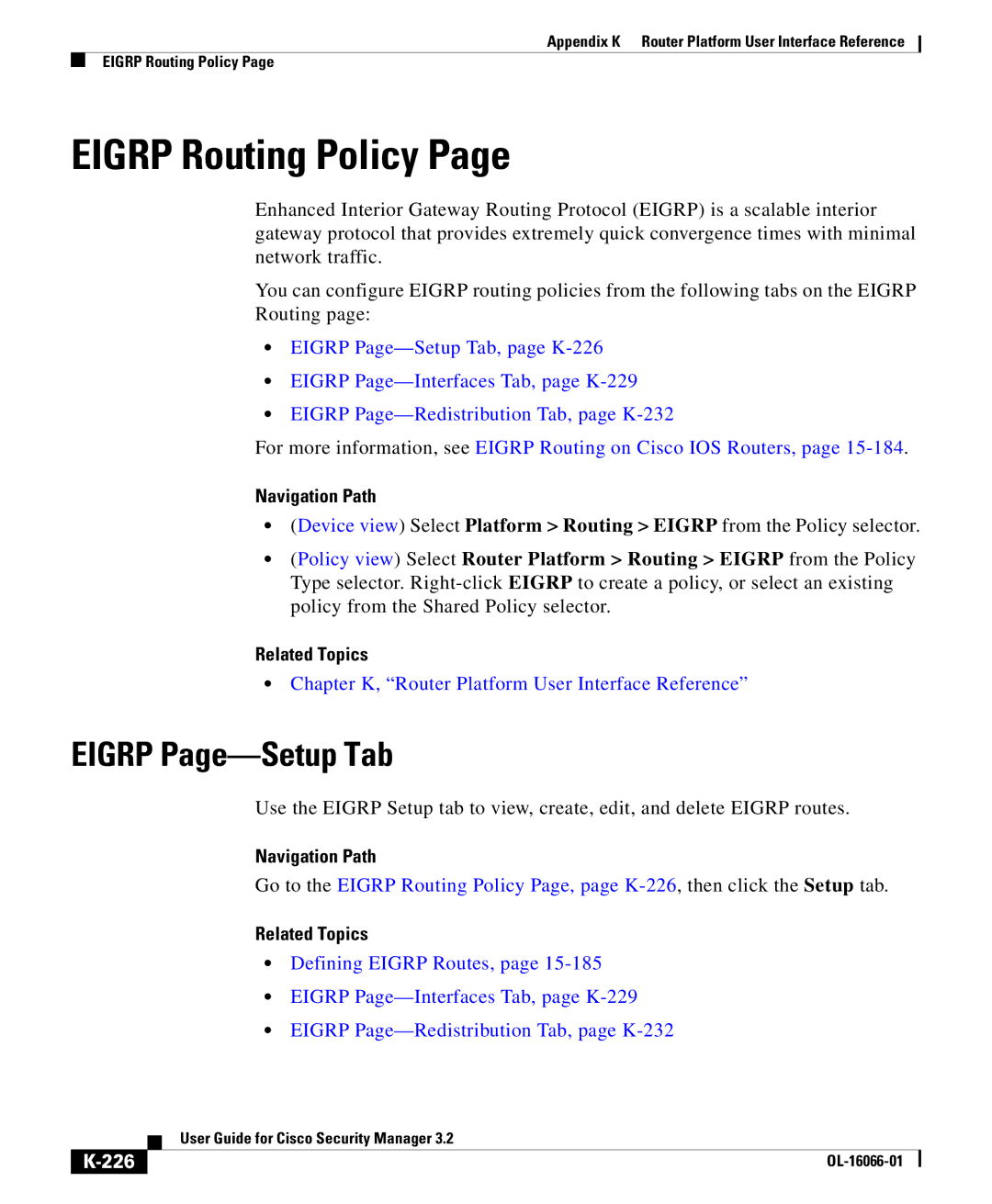 Cisco Systems OL-16066-01 appendix Eigrp Routing Policy, Eigrp Page-Setup Tab, 226 