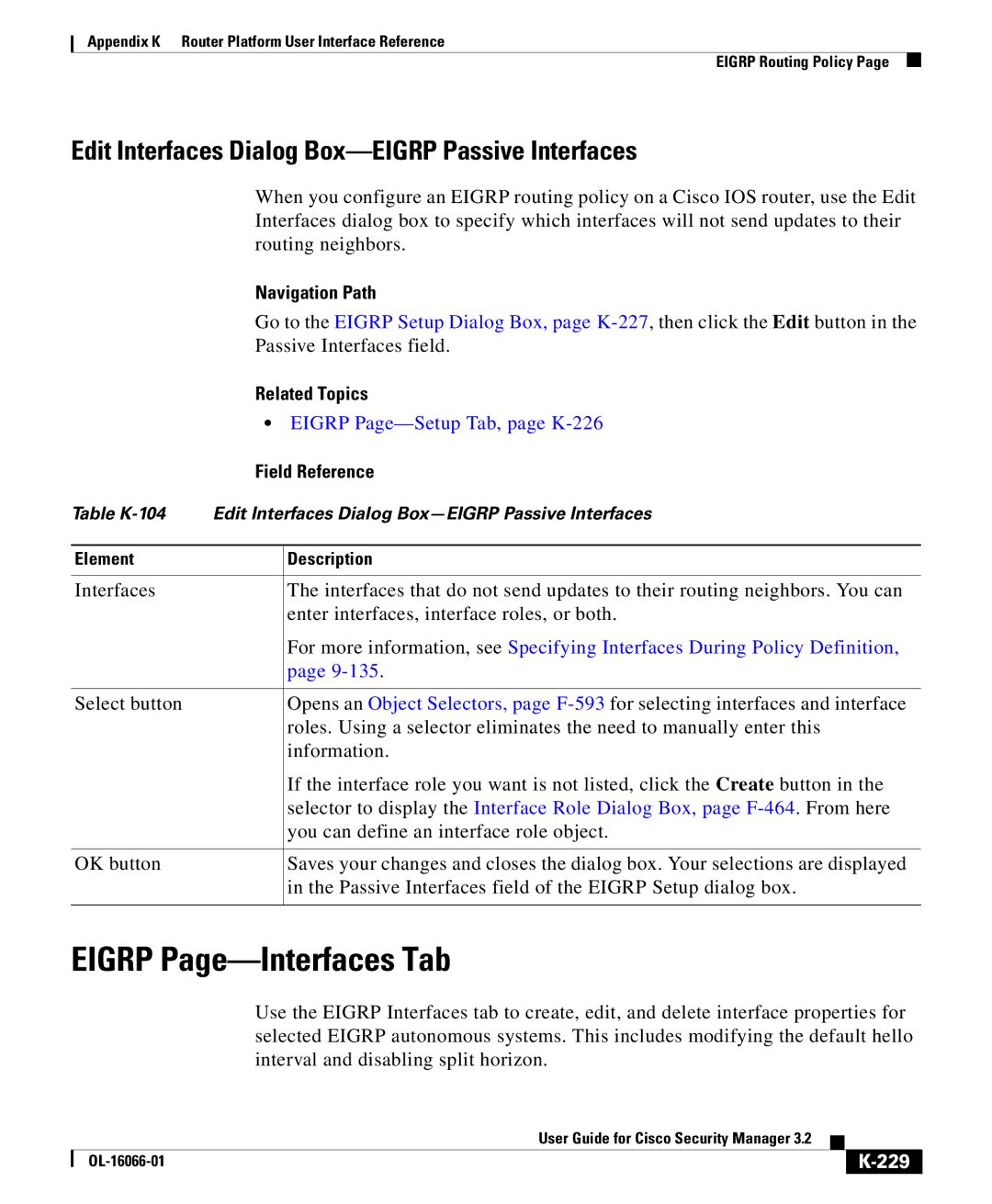 Cisco Systems OL-16066-01 appendix Eigrp Page-Interfaces Tab, Edit Interfaces Dialog Box-EIGRP Passive Interfaces, 229 