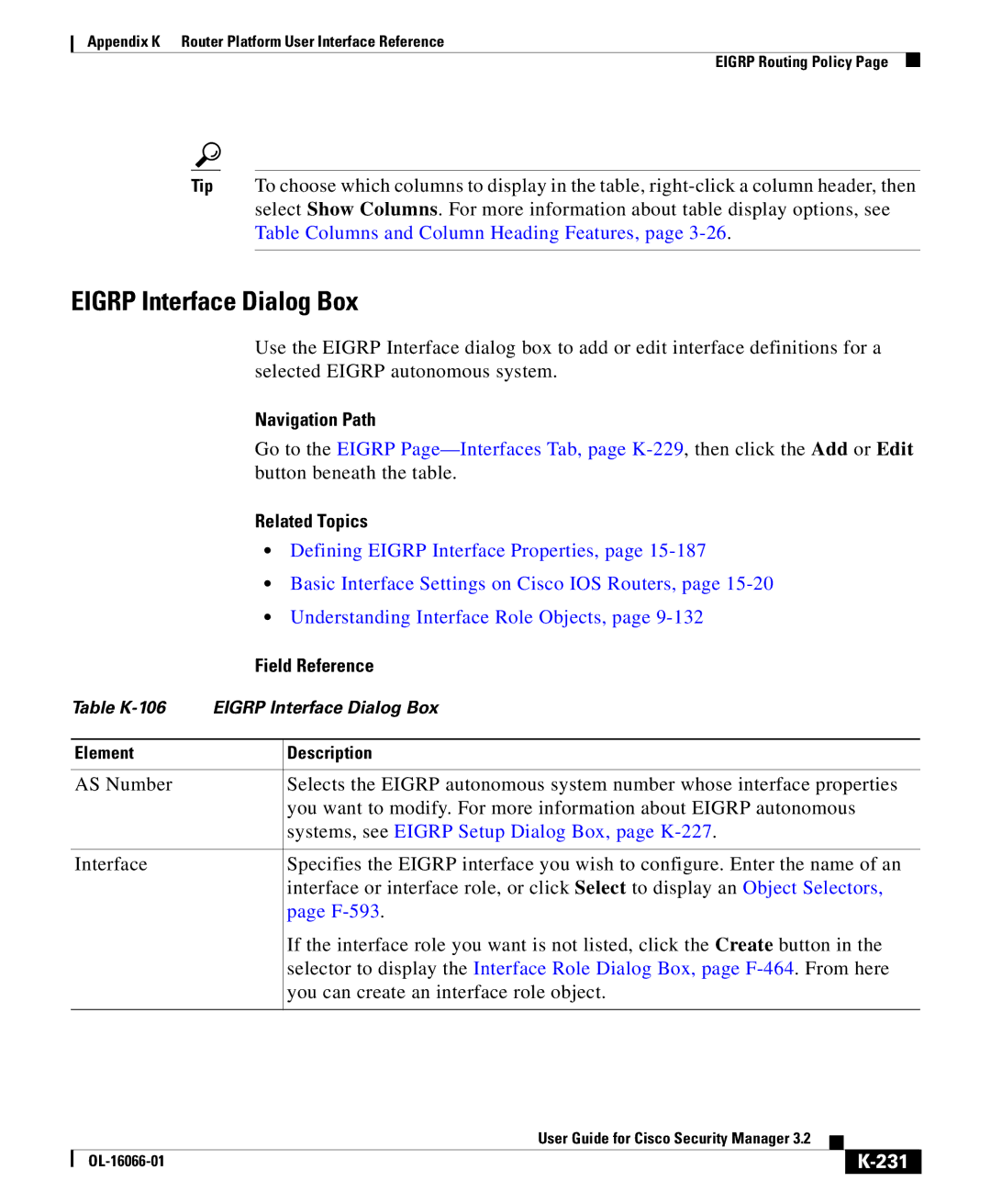 Cisco Systems OL-16066-01 appendix Eigrp Interface Dialog Box, Systems, see Eigrp Setup Dialog Box, page K-227, 231 