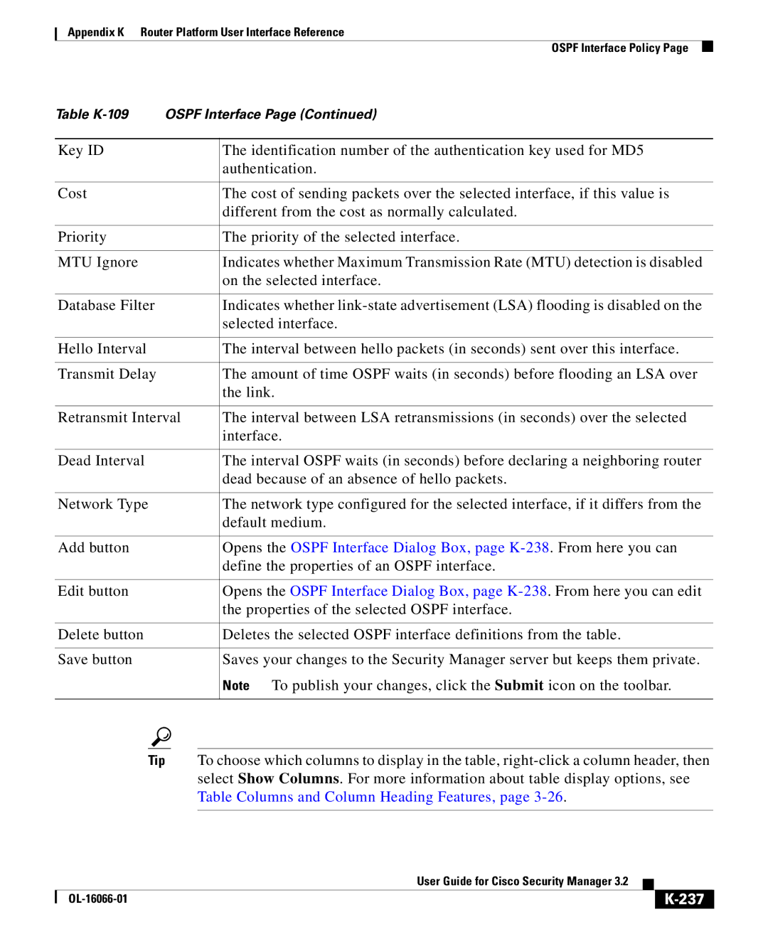 Cisco Systems OL-16066-01 appendix Table Columns and Column Heading Features, 237 