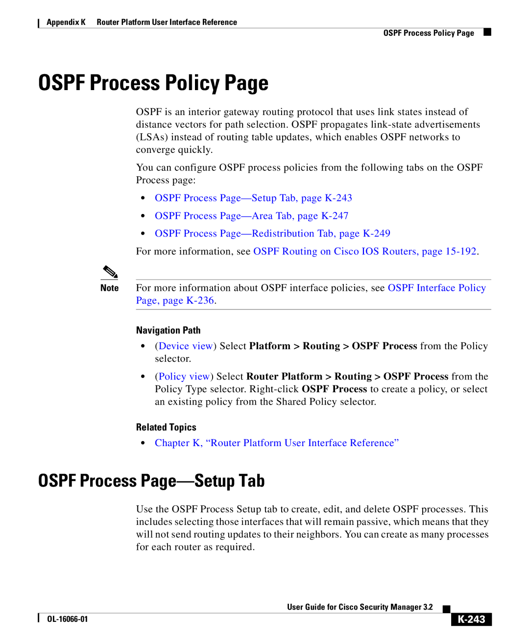 Cisco Systems OL-16066-01 appendix Ospf Process Policy, Ospf Process Page-Setup Tab, 243 