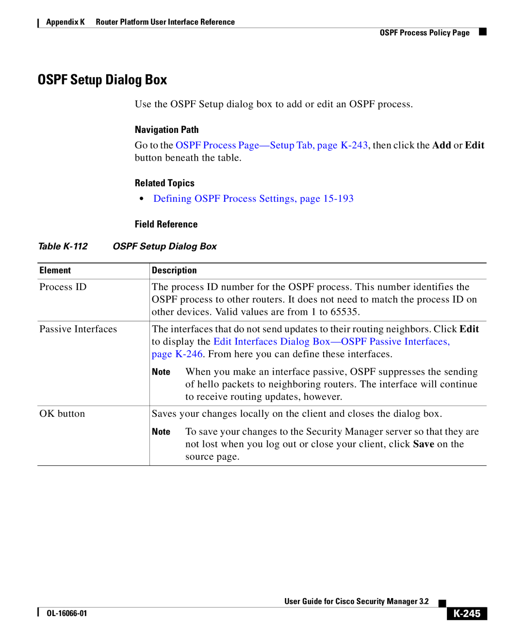 Cisco Systems OL-16066-01 appendix Ospf Setup Dialog Box, 245 