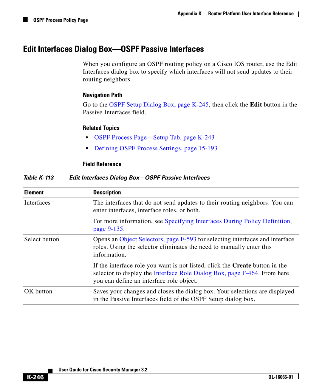 Cisco Systems OL-16066-01 Edit Interfaces Dialog Box-OSPF Passive Interfaces, Ospf Process Page-Setup Tab, page K-243, 246 