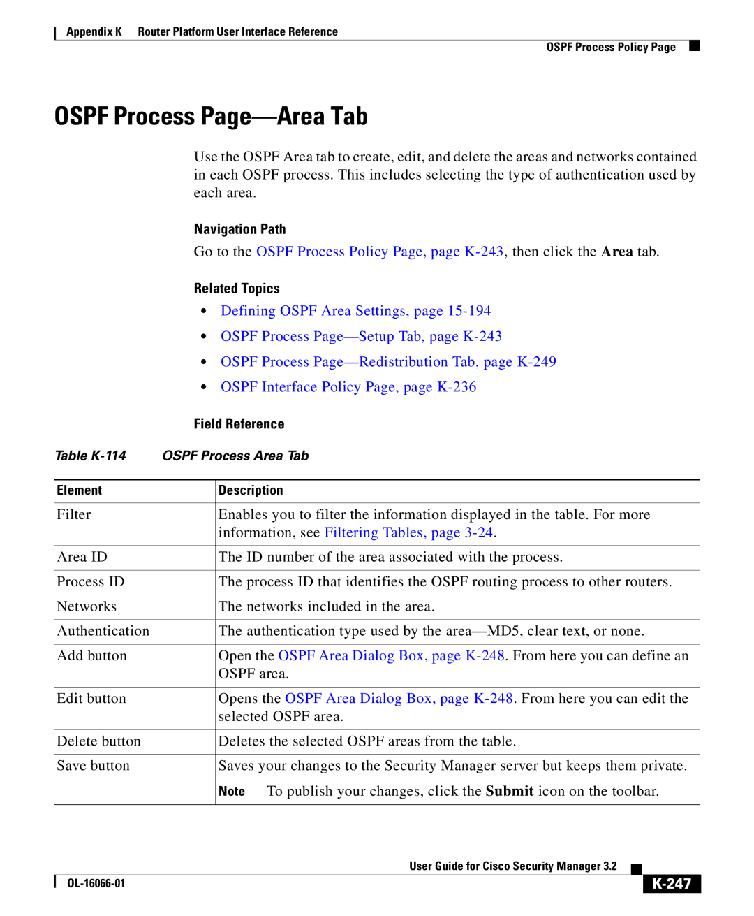 Cisco Systems OL-16066-01 appendix Ospf Process Page-Area Tab, Defining Ospf Area Settings, 247 