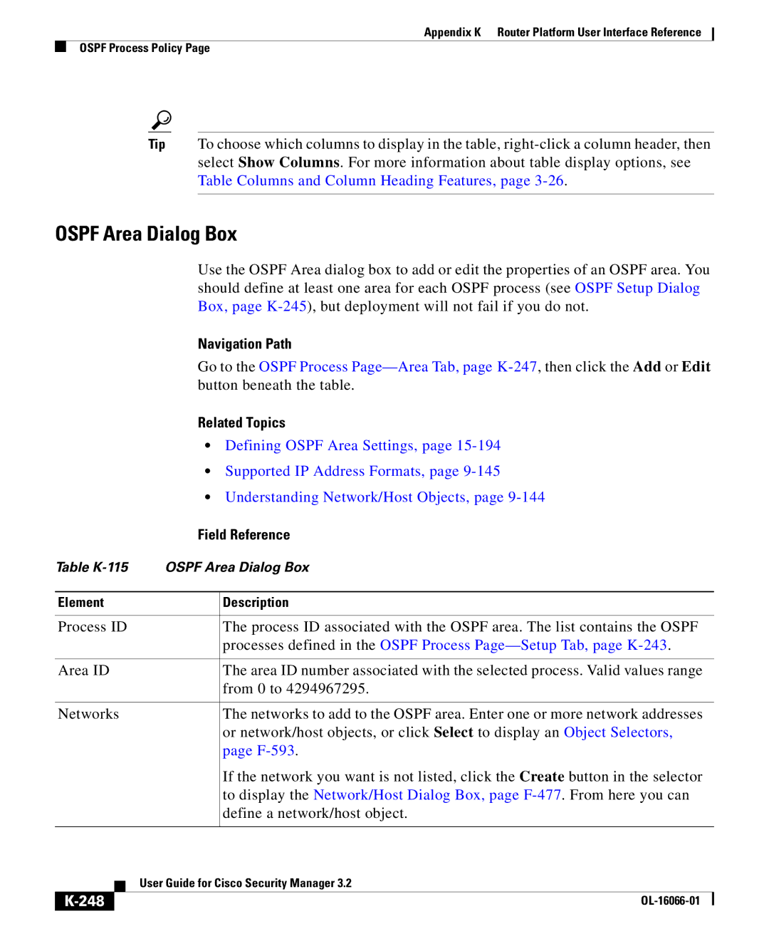 Cisco Systems OL-16066-01 appendix Ospf Area Dialog Box, 248 