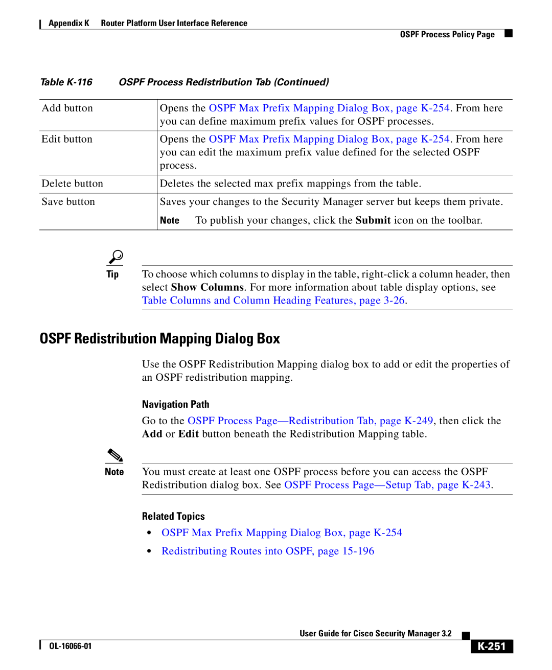 Cisco Systems OL-16066-01 appendix Ospf Redistribution Mapping Dialog Box, 251 