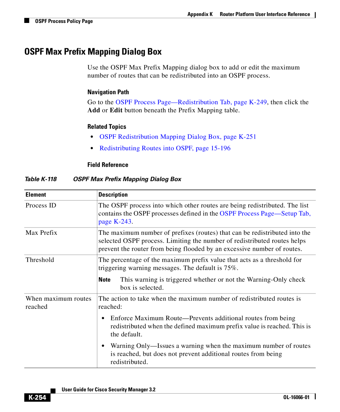 Cisco Systems OL-16066-01 Ospf Max Prefix Mapping Dialog Box, Ospf Redistribution Mapping Dialog Box, page K-251, K-243 