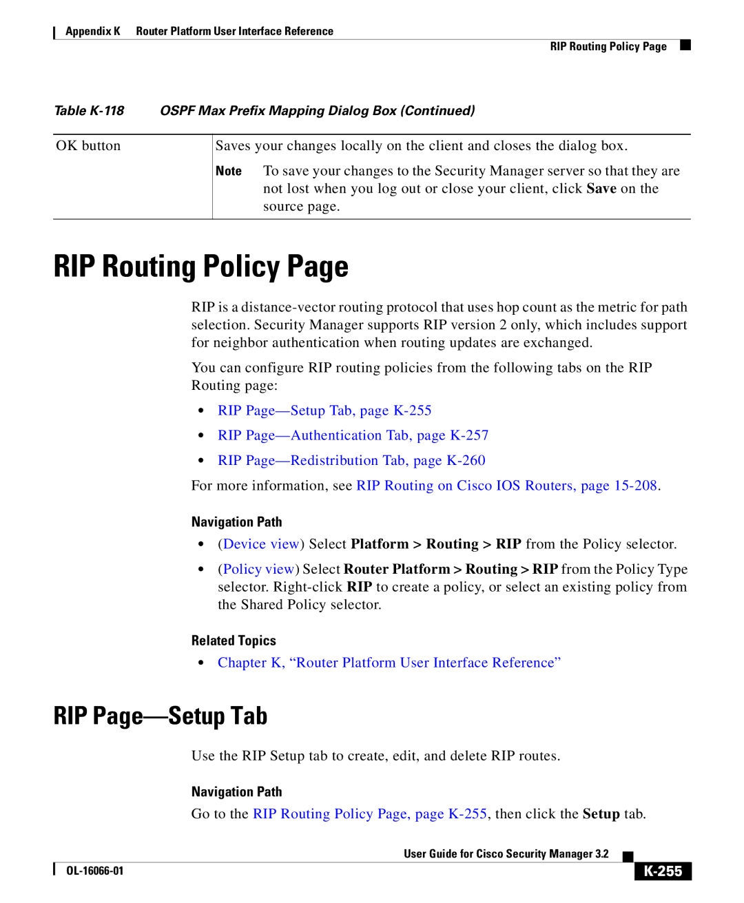 Cisco Systems OL-16066-01 appendix RIP Routing Policy, RIP Page-Setup Tab, 255 