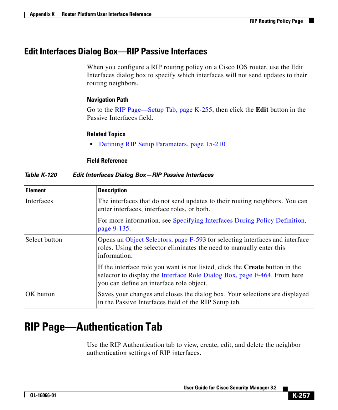 Cisco Systems OL-16066-01 appendix RIP Page-Authentication Tab, Edit Interfaces Dialog Box-RIP Passive Interfaces, 257 