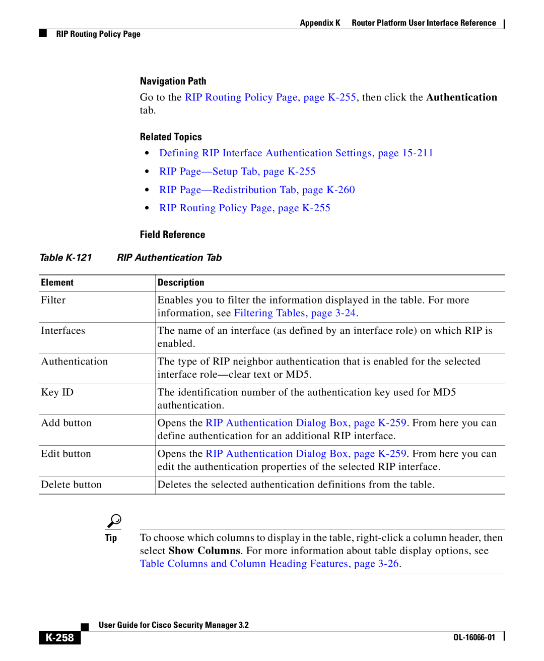 Cisco Systems OL-16066-01 appendix Defining RIP Interface Authentication Settings, RIP Page-Setup Tab, page K-255, 258 