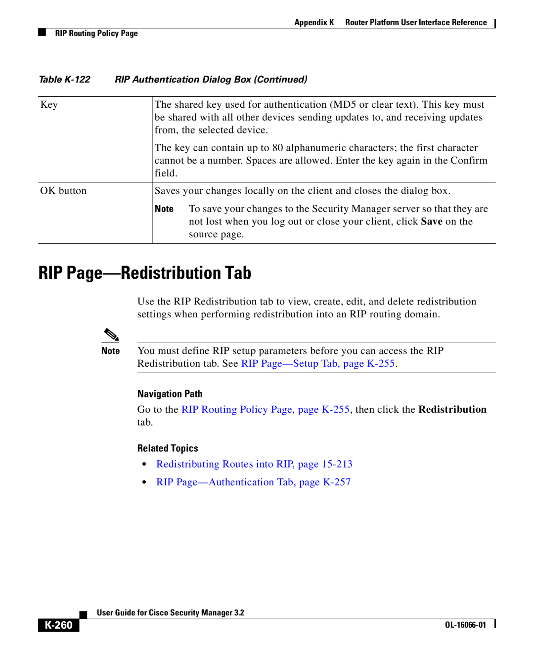 Cisco Systems OL-16066-01 appendix RIP Page-Redistribution Tab, Redistribution tab. See RIP Page-Setup Tab, page K-255, 260 