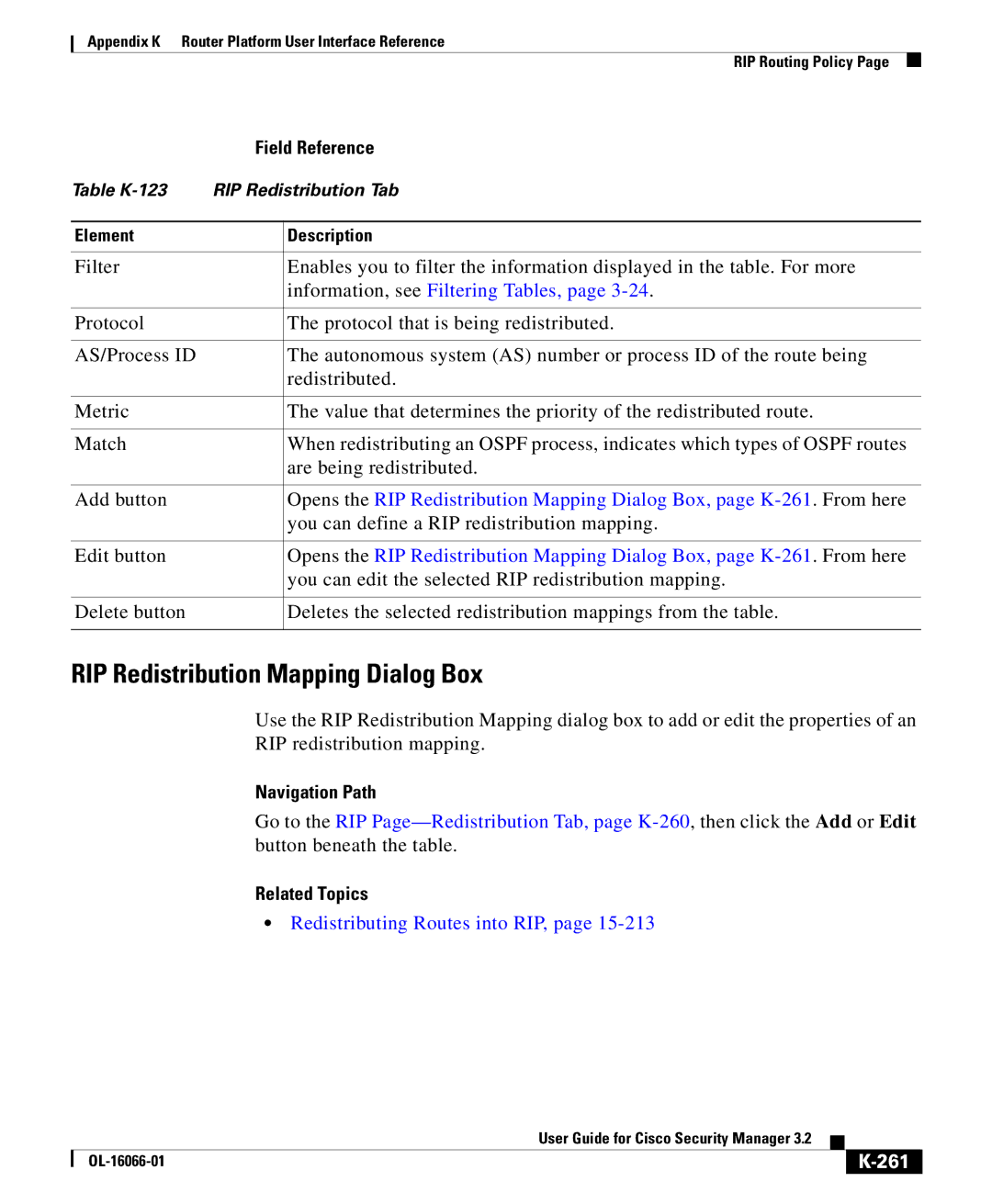 Cisco Systems OL-16066-01 appendix RIP Redistribution Mapping Dialog Box, Redistributing Routes into RIP, 261 