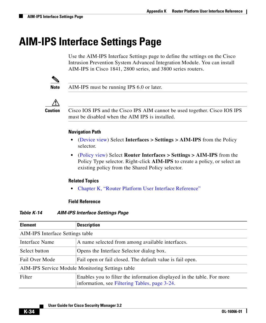 Cisco Systems OL-16066-01 appendix AIM-IPS Interface Settings, Chapter K, Router Platform User Interface Reference 