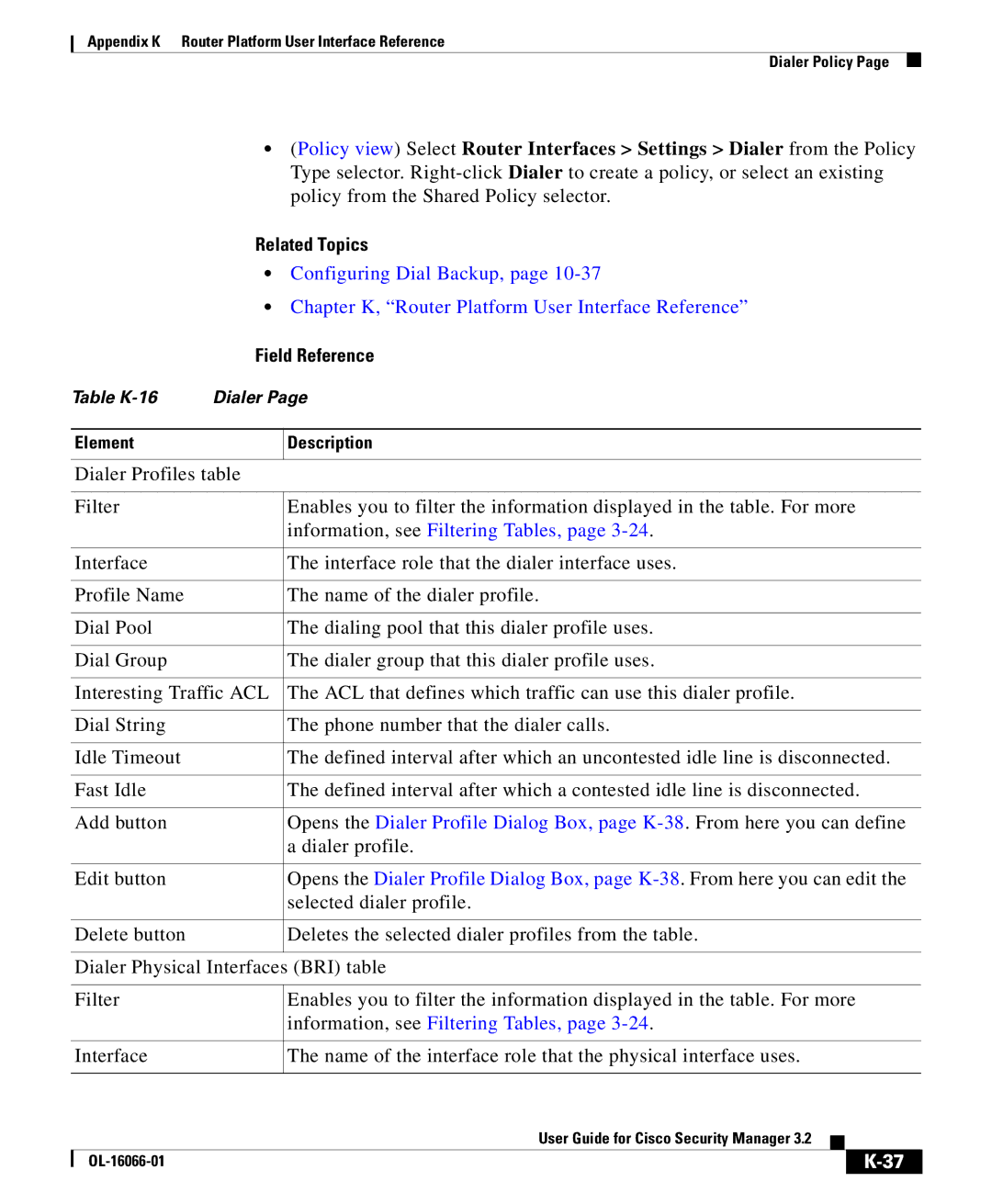 Cisco Systems OL-16066-01 appendix Configuring Dial Backup, Chapter K, Router Platform User Interface Reference 