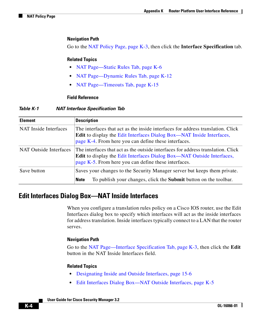 Cisco Systems OL-16066-01 appendix Edit Interfaces Dialog Box-NAT Inside Interfaces, Related Topics 