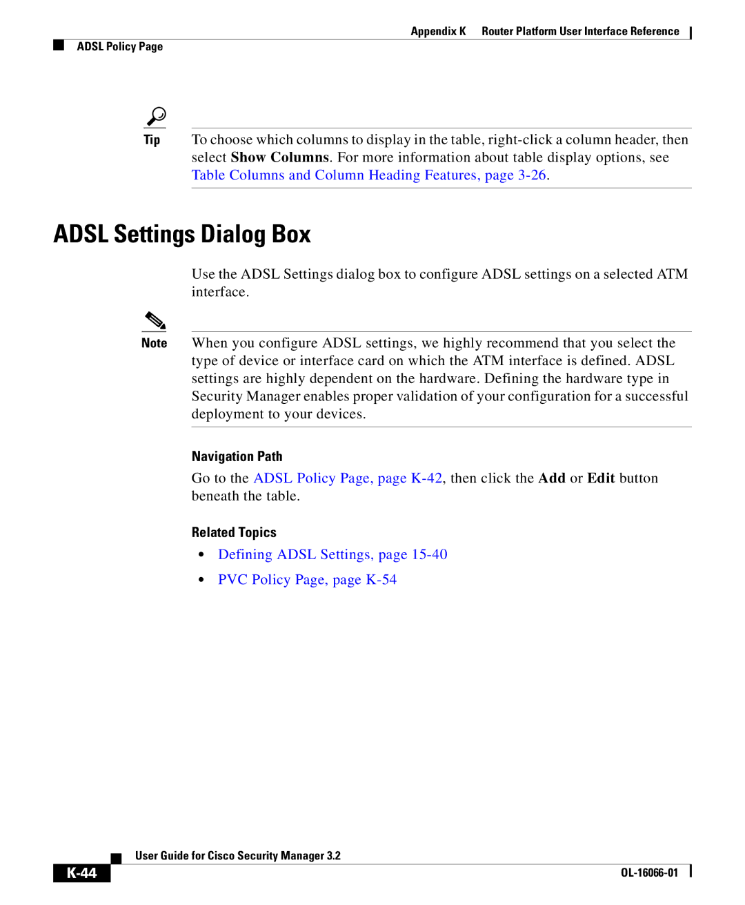 Cisco Systems OL-16066-01 appendix Adsl Settings Dialog Box, Defining Adsl Settings, PVC Policy Page, page K-54 