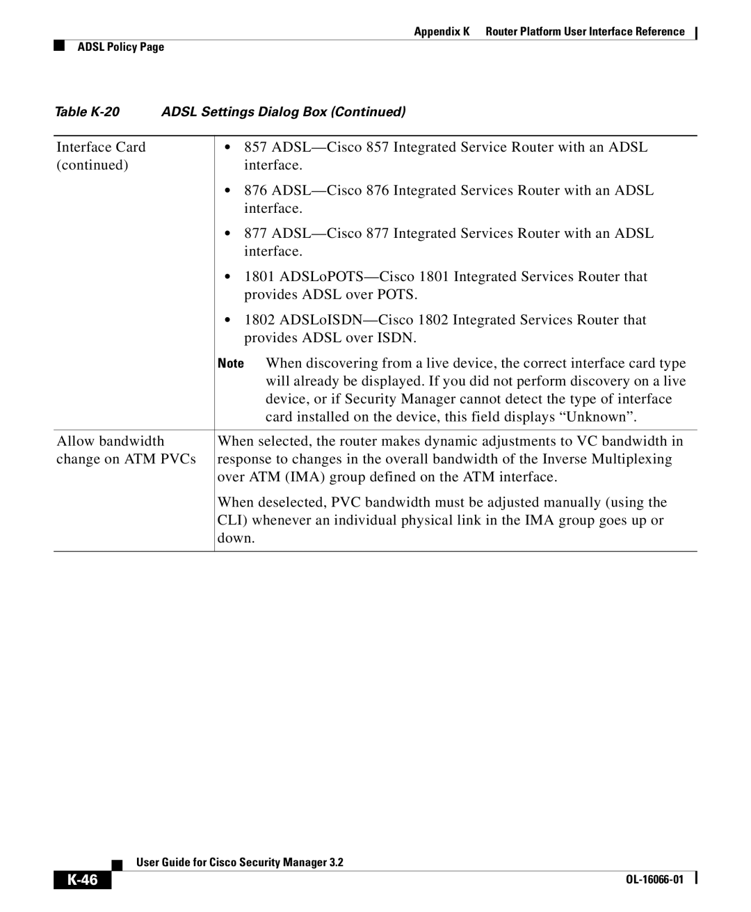 Cisco Systems OL-16066-01 appendix Table K-20 Adsl Settings Dialog Box 