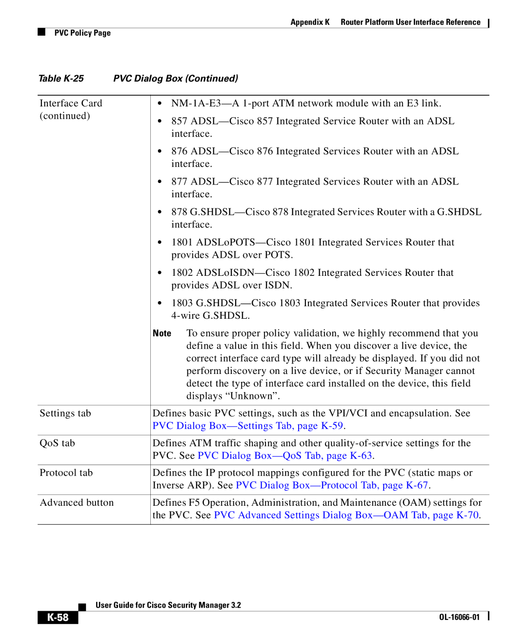 Cisco Systems OL-16066-01 appendix PVC Dialog Box-Settings Tab, page K-59, PVC. See PVC Dialog Box-QoS Tab, page K-63 