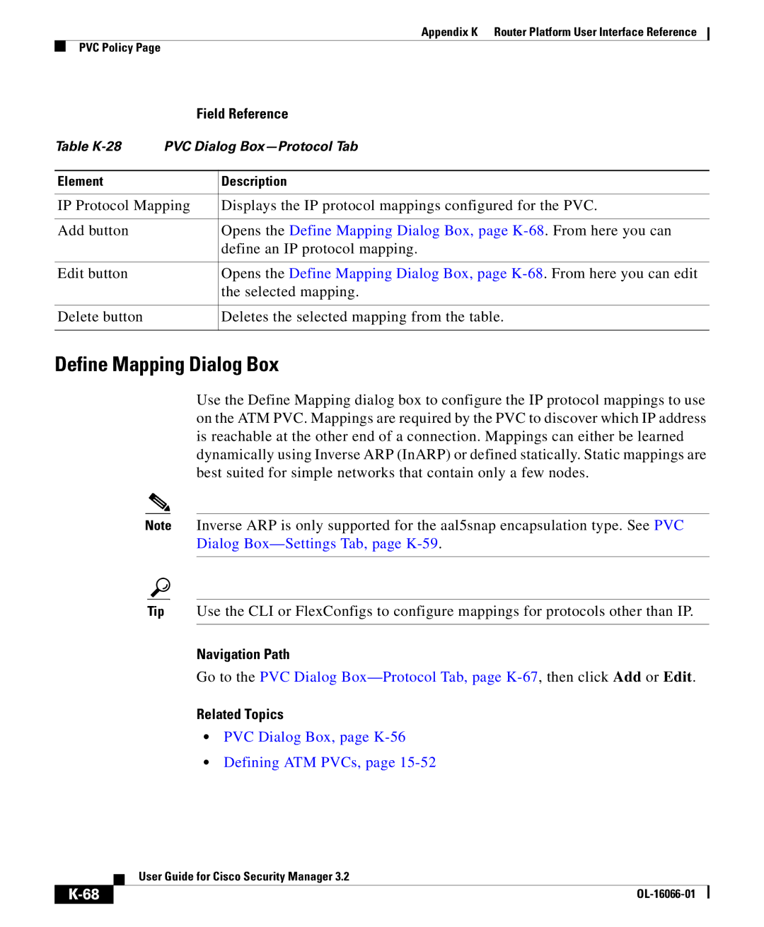 Cisco Systems OL-16066-01 appendix Define Mapping Dialog Box, PVC Dialog Box, page K-56 Defining ATM PVCs 