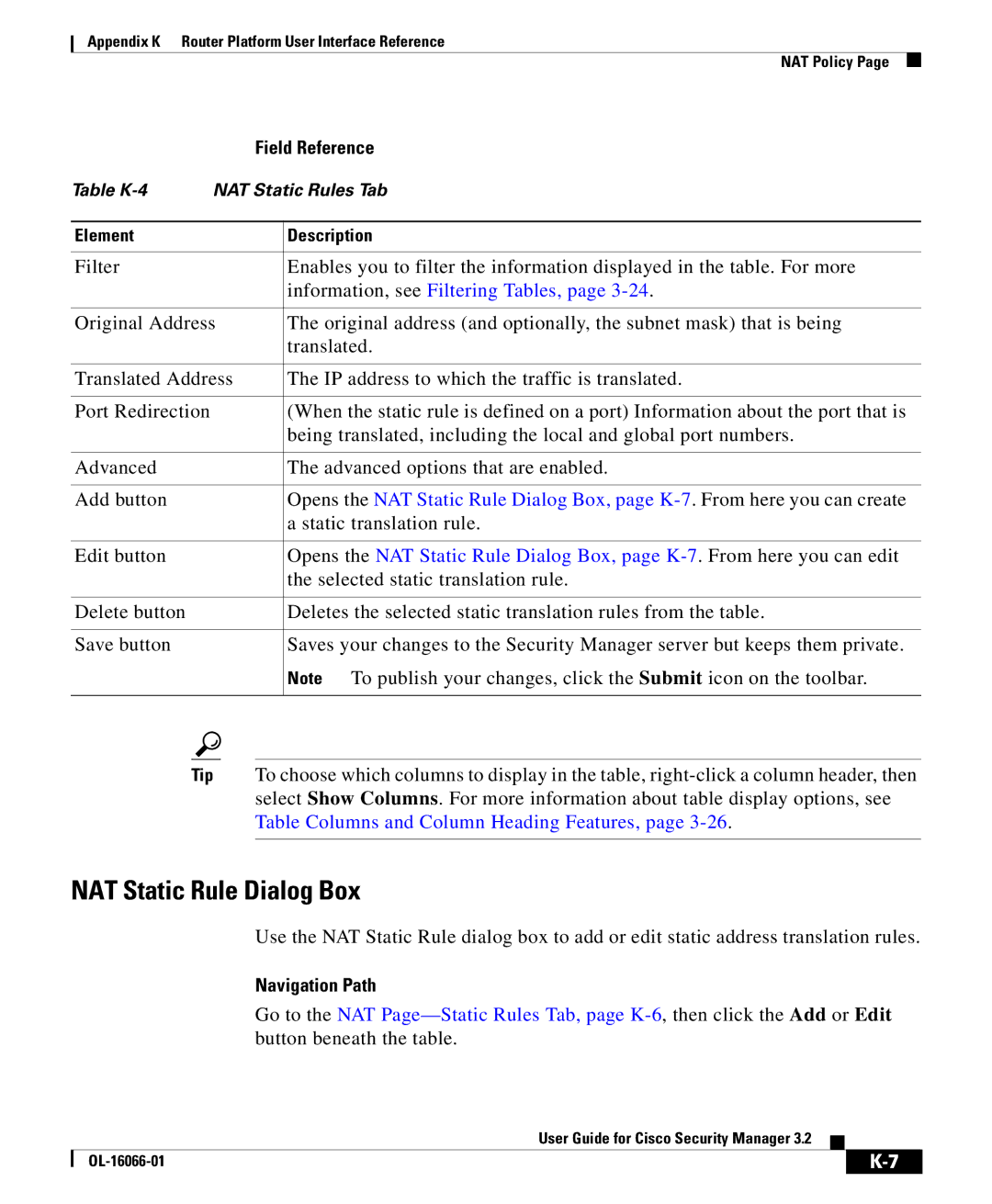 Cisco Systems OL-16066-01 appendix NAT Static Rule Dialog Box, Information, see Filtering Tables 