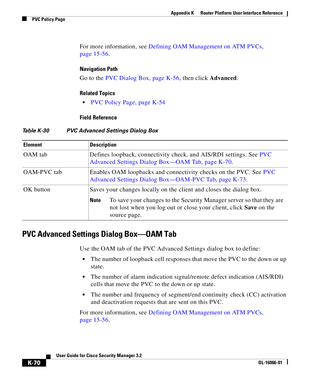 Cisco Systems OL-16066-01 PVC Advanced Settings Dialog Box-OAM Tab, Advanced Settings Dialog Box-OAM Tab, page K-70 