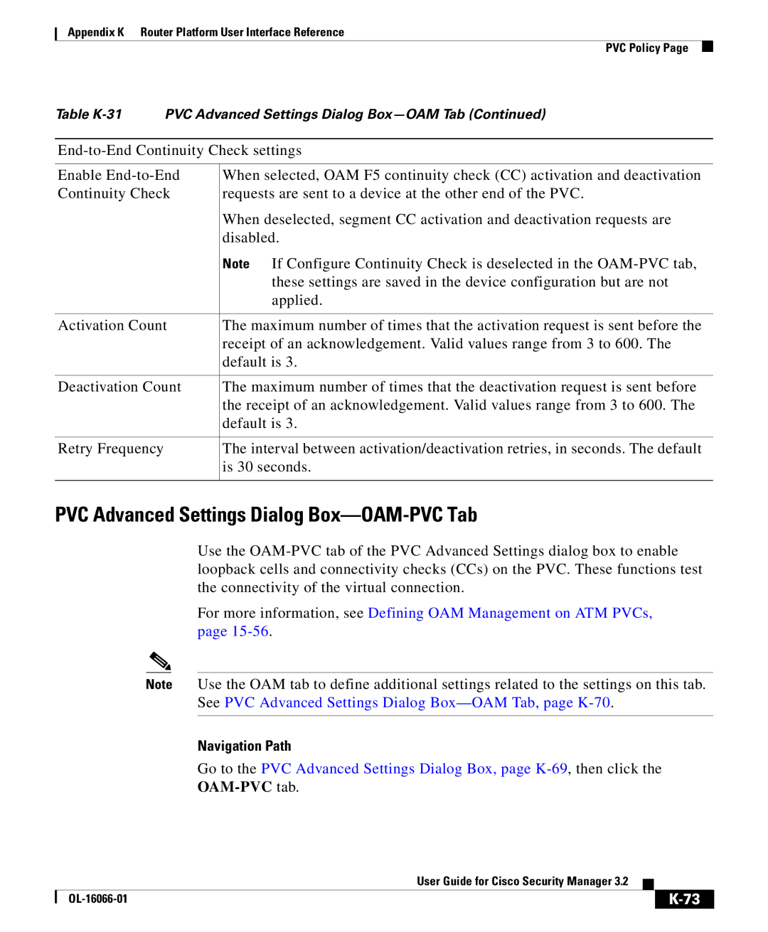 Cisco Systems OL-16066-01 appendix PVC Advanced Settings Dialog Box-OAM-PVC Tab, OAM-PVC tab 