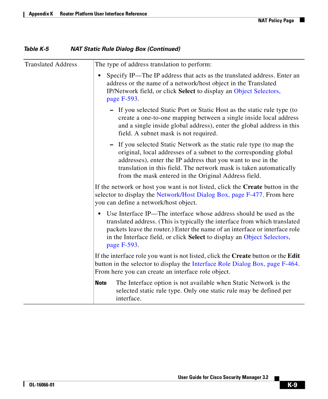 Cisco Systems OL-16066-01 appendix Table K-5 NAT Static Rule Dialog Box 