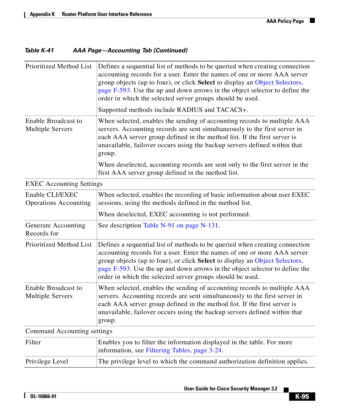 Cisco Systems OL-16066-01 appendix See description Table N-91 on page N-131, Information, see Filtering Tables 