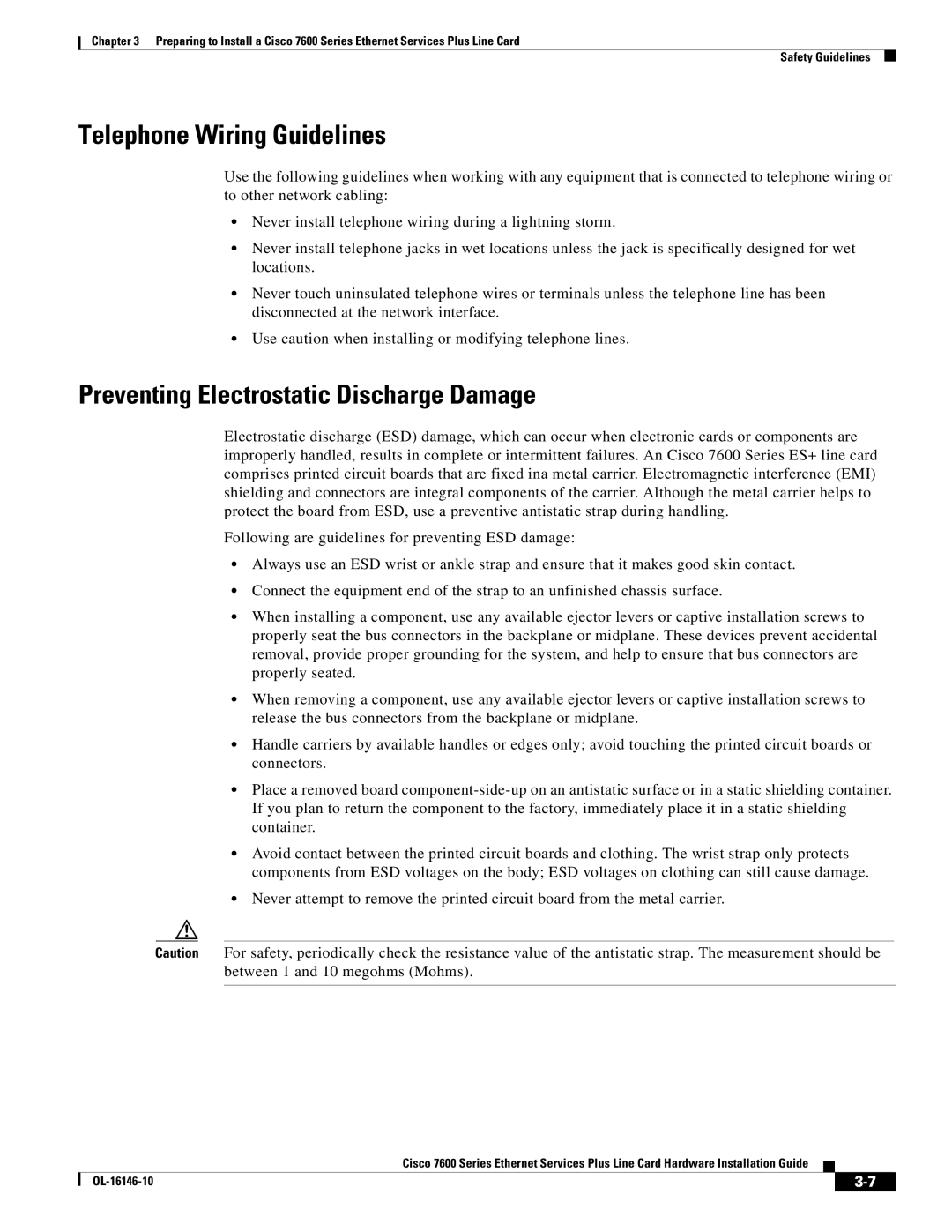 Cisco Systems OL-16146-10 manual Telephone Wiring Guidelines, Preventing Electrostatic Discharge Damage 