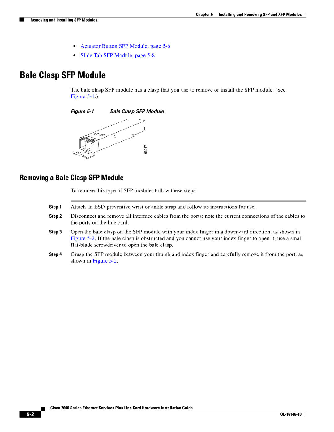 Cisco Systems OL-16146-10 manual Removing a Bale Clasp SFP Module 