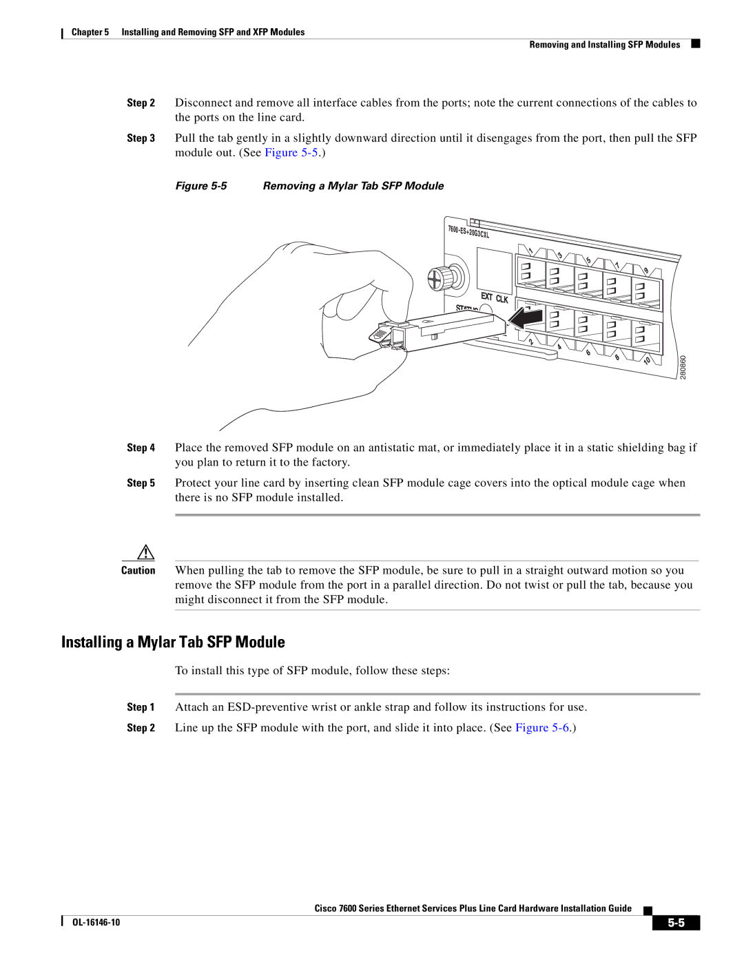 Cisco Systems OL-16146-10 manual Installing a Mylar Tab SFP Module, Removing a Mylar Tab SFP Module 