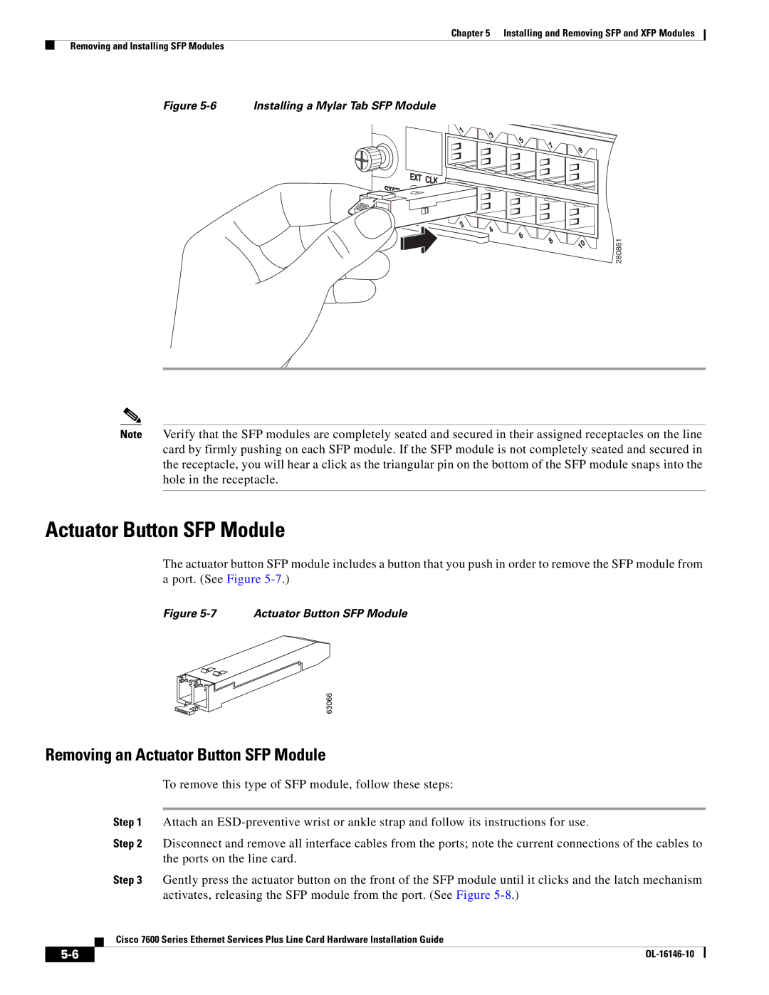 Cisco Systems OL-16146-10 manual Removing an Actuator Button SFP Module 