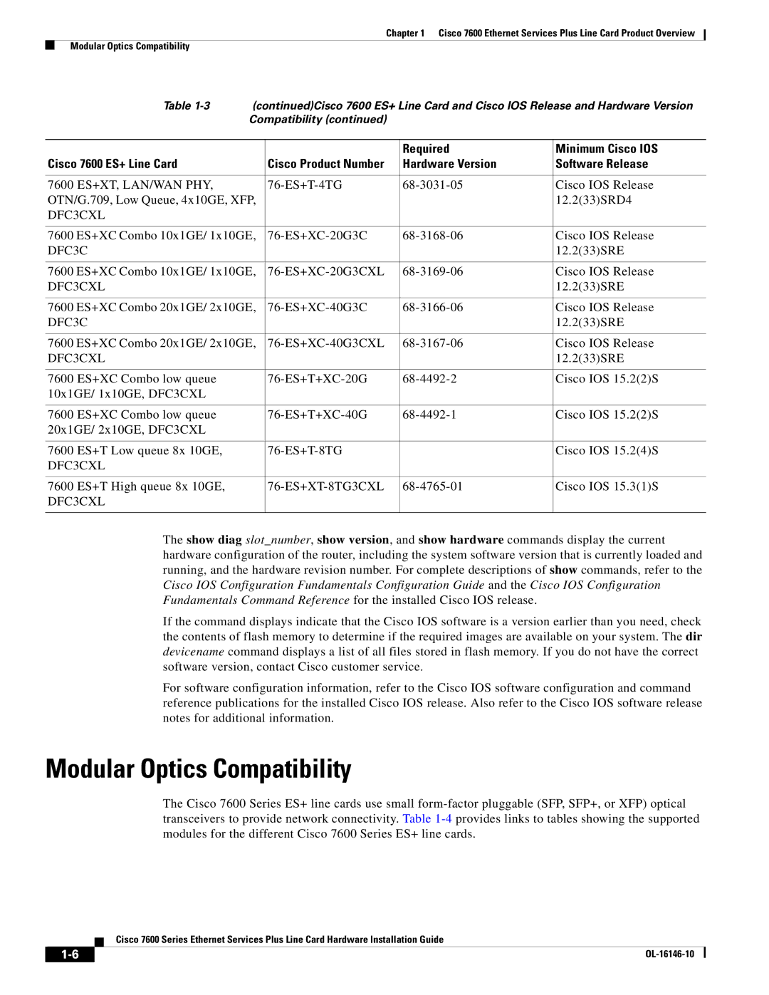 Cisco Systems OL-16146-10 manual Modular Optics Compatibility 